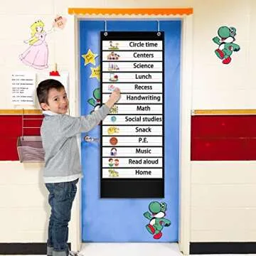 AKAYOK Daily Schedule Pocket Chart, 13+1 Pocket Visual Schedule Chart, 18 Double-Sided Blank Reusable Dry-Eraser Cards, Educational Schedule Charts for Classroom Homeschooling Toddlers-Black