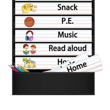 AKAYOK Daily Schedule Pocket Chart, 13+1 Pocket Visual Schedule Chart, 18 Double-Sided Blank Reusable Dry-Eraser Cards, Educational Schedule Charts for Classroom Homeschooling Toddlers-Black