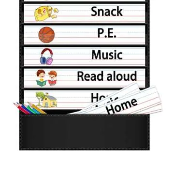 AKAYOK Daily Schedule Pocket Chart, 13+1 Pocket Visual Schedule Chart, 18 Double-Sided Blank Reusable Dry-Eraser Cards, Educational Schedule Charts for Classroom Homeschooling Toddlers-Black
