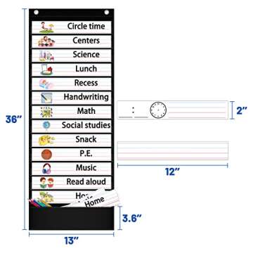 AKAYOK Daily Schedule Pocket Chart, 13+1 Pocket Visual Schedule Chart, 18 Double-Sided Blank Reusable Dry-Eraser Cards, Educational Schedule Charts for Classroom Homeschooling Toddlers-Black