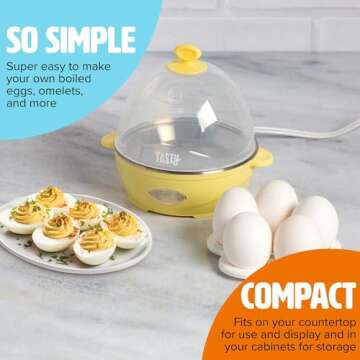 Tasty Mini Rapid Egg Cooker, 5-Egg Capacity for Perfect Hard Boiled Eggs or Omelets, Auto Shut Off, Yellow
