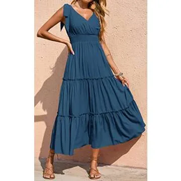 PRETTYGARDEN Women's 2023 Cross Neck Summer Sleeveless Tiered Maxi Dress Beach Tie Strap Smocked Long Dresses Pleated Sundress (Lake Blue,Large)