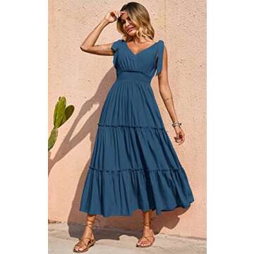 PRETTYGARDEN Women's 2023 Cross Neck Summer Sleeveless Tiered Maxi Dress Beach Tie Strap Smocked Long Dresses Pleated Sundress (Lake Blue,Large)