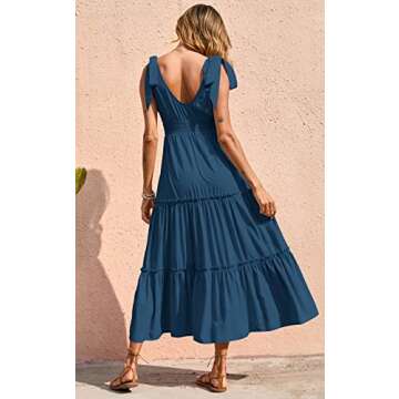 PRETTYGARDEN Women's 2023 Cross Neck Summer Sleeveless Tiered Maxi Dress Beach Tie Strap Smocked Long Dresses Pleated Sundress (Lake Blue,Large)