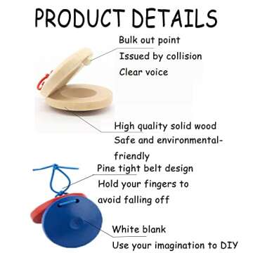 12 Pcs Musical Castanets Instrument, Clap Board Music Educational，Classroom DIY Wooden Percussion Instrument Finger Castanets(Multicolor)