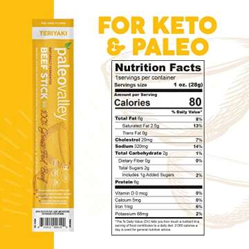 Paleovalley 100% Grass Fed Teriyaki Beef Sticks - Delicious Gluten Free Beef Snack - High Protein Ke...