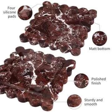 HESHIBI Square Marble Decorative Tray with Scalloped Edge,Luxury Natural Stone Bathroom Vanity Tray, Dresser Top Perfume Coffee Home Kitchen Sink Tray, Key Trinket Ring Tray (Rosso Lepanto, 8 * 8)