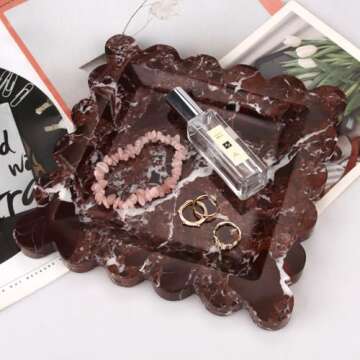 HESHIBI Square Marble Decorative Tray with Scalloped Edge,Luxury Natural Stone Bathroom Vanity Tray, Dresser Top Perfume Coffee Home Kitchen Sink Tray, Key Trinket Ring Tray (Rosso Lepanto, 8 * 8)