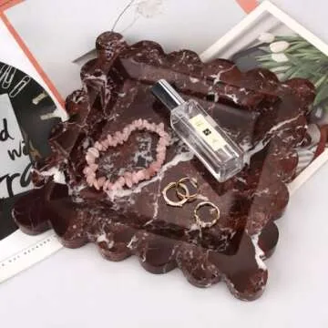 HESHIBI Square Marble Decorative Tray with Scalloped Edge,Luxury Natural Stone Bathroom Vanity Tray, Dresser Top Perfume Coffee Home Kitchen Sink Tray, Key Trinket Ring Tray (Rosso Lepanto, 8 * 8)