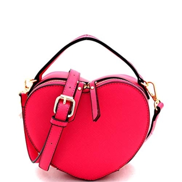 Cute Heart Shape Girls Womens Vegan Leather Small Handle Satchel Crossbody Purse… (Fuchsia)
