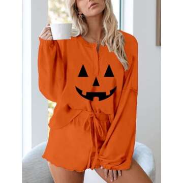 Women's Ruffle Long Sleeve Tops and Shorts Funny Jack O Lantern Halloween Pumpkin Face Pajamas Sets ...