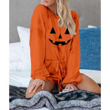 Womens Ruffle Halloween Pajama Set with Jack O Lantern Design