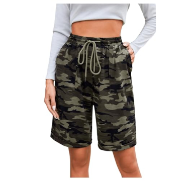 RoseSeek Women's Camo Print Drawstring Waist Casual Bermuda Shorts with Pocket