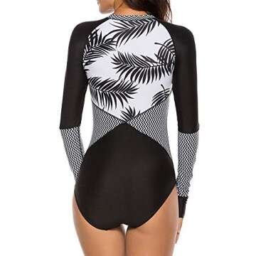 American Trends Womens Long Sleeve Rash Guard UV Protection Zipper Floral Printed Surfing One Piece Swimsuit Bathing Suit Black Leaf S