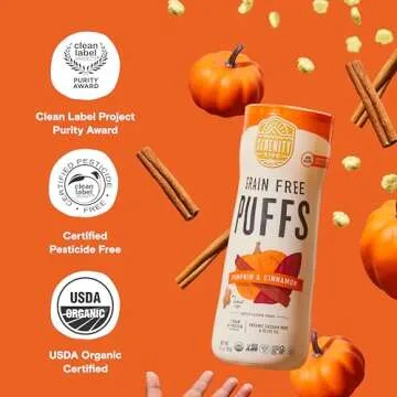 Serenity Kids 6+ Month Grain Free Puffs Toddler & Baby Snack - No Added Sugar - No Gluten or Rice - BPA & Allergen Free - With Organic Cassava, Veggies & Herbs - Pumpkin & Cinnamon - 6 Count