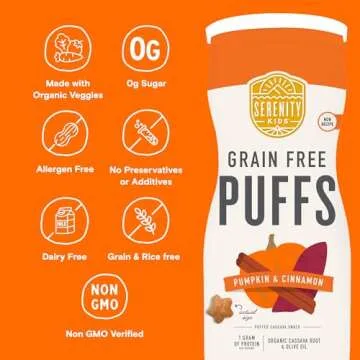 Serenity Kids 6+ Month Grain Free Puffs Toddler & Baby Snack - No Added Sugar - No Gluten or Rice - BPA & Allergen Free - With Organic Cassava, Veggies & Herbs - Pumpkin & Cinnamon - 6 Count