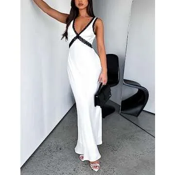 Women Open Back Satin Slip Dress Long Bodycon Y2K Floral Print Spaghetti Strap V Neck Midi Dress Summer Cocktail Maxi Dresses
