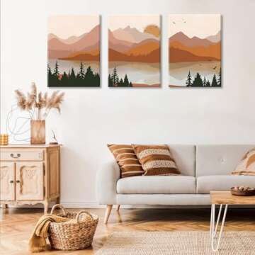 Bwodke Framed Mountain Wall Art Nature Landscape Watercolor Sun Forest Canvas Picture Prints Set of 3 Artwork Painting Home Wall Decor for Living Room Bedroom Office