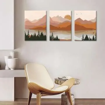 Bwodke Framed Mountain Wall Art Nature Landscape Watercolor Sun Forest Canvas Picture Prints Set of 3 Artwork Painting Home Wall Decor for Living Room Bedroom Office