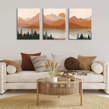 Bwodke Framed Mountain Wall Art Nature Landscape Watercolor Sun Forest Canvas Picture Prints Set of 3 Artwork Painting Home Wall Decor for Living Room Bedroom Office