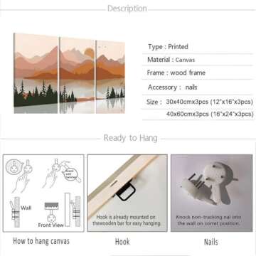 Bwodke Framed Mountain Wall Art Nature Landscape Watercolor Sun Forest Canvas Picture Prints Set of 3 Artwork Painting Home Wall Decor for Living Room Bedroom Office