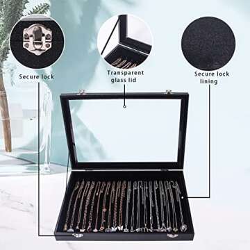 ByKen 20 Hooks Necklace Organizer Box - Elegant Black Velvet Jewelry Holder