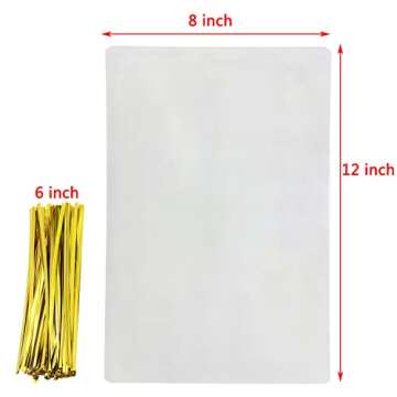 Mini Skater 8" x 12" Clear Treat Bags OPP Cello Cellophane Flat Bag With 50Pcs Gold Color Twist Ties...