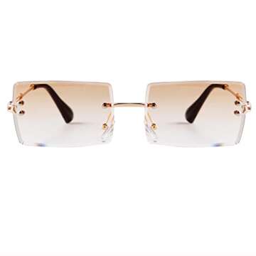 ADE WU Rimless Rectangle Sunglasses for Women Men,Trendy 90s Fashion Brown Gradient Tinted Lens Glasses