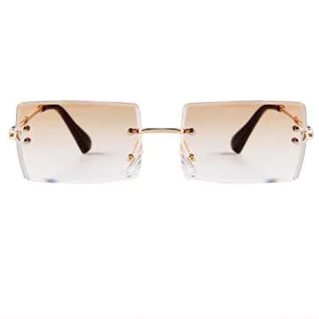 ADE WU Rimless Rectangle Sunglasses for Women Men,Trendy 90s Fashion Brown Gradient Tinted Lens Glasses