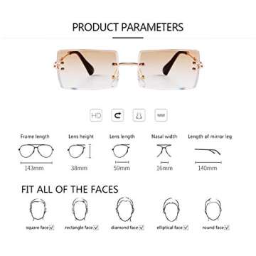 ADE WU Rimless Rectangle Sunglasses for Women Men,Trendy 90s Fashion Brown Gradient Tinted Lens Glasses