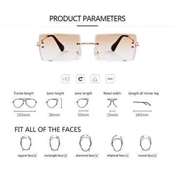 ADE WU Rimless Rectangle Sunglasses for Women Men,Trendy 90s Fashion Brown Gradient Tinted Lens Glasses