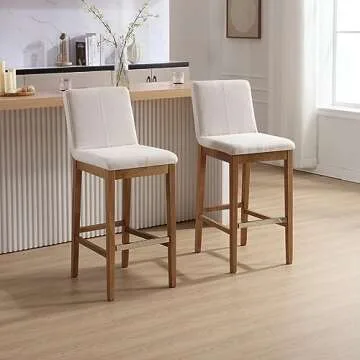 LZAREAL Bar Stools Set of 2, 30'' Modern Upholstered Barstools with Natural Wood Leg, Stool Chair for Kitchen Island, Home Bar, High Table, Pub, Linen Beige