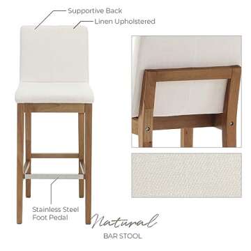 LZAREAL Bar Stools Set of 2, 30'' Modern Upholstered Barstools with Natural Wood Leg, Stool Chair for Kitchen Island, Home Bar, High Table, Pub, Linen Beige