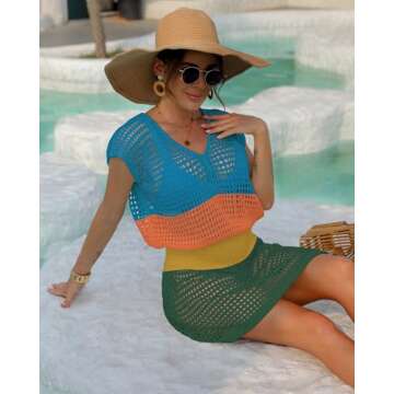 Bsubseach Women Hollow Out Beachwear Swim Cover Ups Short Sleeve V Neck Beach Vacation Tunic Dress