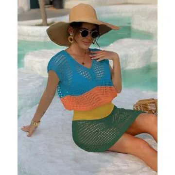 Bsubseach Women Hollow Out Beachwear Swim Cover Ups Short Sleeve V Neck Beach Vacation Tunic Dress