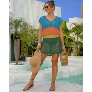 Bsubseach Women Hollow Out Beachwear Swim Cover Ups Short Sleeve V Neck Beach Vacation Tunic Dress