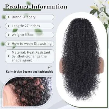 Alebery 27 Inch Drawstring Ponytail Extension for Black Women Deep Curly Ponytail Extension Synthetic Mixed with Human Hair Hairpieces Afro Kinky Curly Pony Tail for Daily Use (Black)