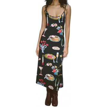 Women's Vintage Print Slip Dress Y2k Spaghetti Strap Bodycon Maxi Dress Summer Cute Flowy Swing Long...