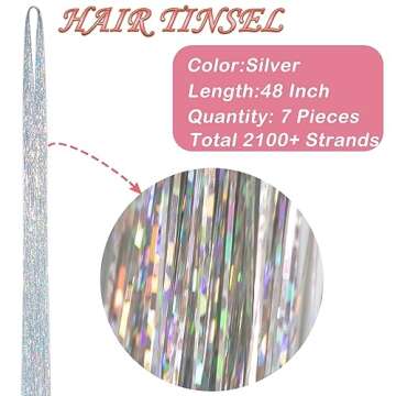 Silver Hair Tinsel Kit: 48 Inches 7Pcs 2100 Sparkling Strands Glitter Tinsel Hair Extensions with To...