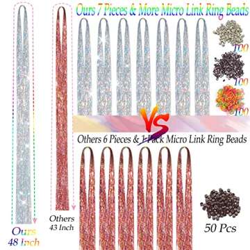 Silver Hair Tinsel Kit: 48 Inches 7Pcs 2100 Sparkling Strands Glitter Tinsel Hair Extensions with Tools - Fairy Heat Resistant Hair Tinsel Accessories for Women Girls Kids