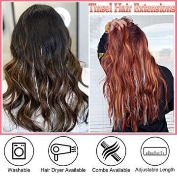 Silver Hair Tinsel Kit: 48 Inches 7Pcs 2100 Sparkling Strands Glitter Tinsel Hair Extensions with Tools - Fairy Heat Resistant Hair Tinsel Accessories for Women Girls Kids