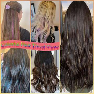 Silver Hair Tinsel Kit: 48 Inches 7Pcs 2100 Sparkling Strands Glitter Tinsel Hair Extensions with Tools - Fairy Heat Resistant Hair Tinsel Accessories for Women Girls Kids