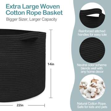 MEGASKET Large Black Blanket Basket, 22" X 22" X 14" Woven Rope Baskets for Storage, Kids Dog Toy St...