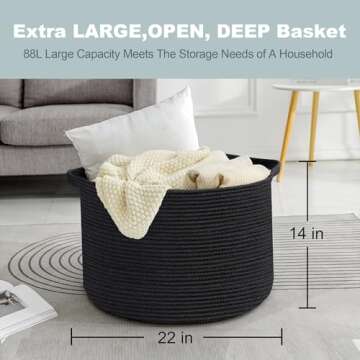 MEGASKET Large Black Blanket Basket, 22" X 22" X 14" Woven Rope Baskets for Storage, Kids Dog Toy Storage Baskets Organizer Bins, Blanket Storage for Living Room, Black Wicker Baskets for Organizing