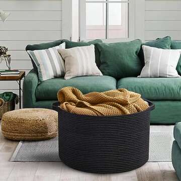 MEGASKET Large Black Blanket Basket, 22" X 22" X 14" Woven Rope Baskets for Storage, Kids Dog Toy Storage Baskets Organizer Bins, Blanket Storage for Living Room, Black Wicker Baskets for Organizing