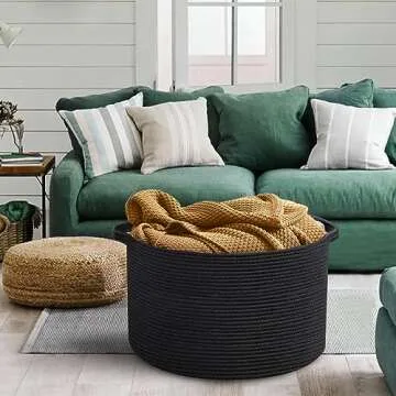 MEGASKET Large Black Blanket Basket, 22" X 22" X 14" Woven Rope Baskets for Storage, Kids Dog Toy Storage Baskets Organizer Bins, Blanket Storage for Living Room, Black Wicker Baskets for Organizing