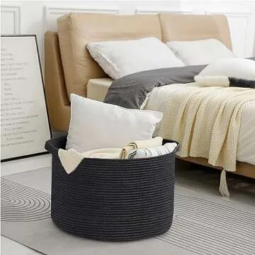 MEGASKET Large Black Blanket Basket, 22" X 22" X 14" Woven Rope Baskets for Storage, Kids Dog Toy Storage Baskets Organizer Bins, Blanket Storage for Living Room, Black Wicker Baskets for Organizing