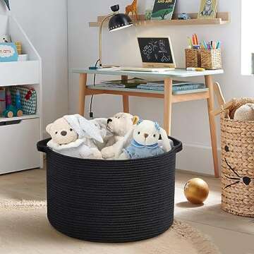 MEGASKET Large Black Blanket Basket, 22" X 22" X 14" Woven Rope Baskets for Storage, Kids Dog Toy Storage Baskets Organizer Bins, Blanket Storage for Living Room, Black Wicker Baskets for Organizing