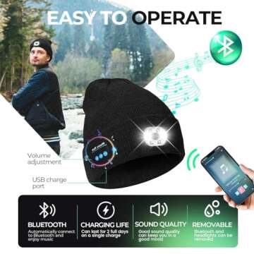 Lucky Mami Bluetooth Beanie Hat with Light,Gift for Men Waterproof with Mounting Accessories, Bluetooth LED Rechargeable Waterproof for Adults Outdoor Camping Hiking Running (Grey)