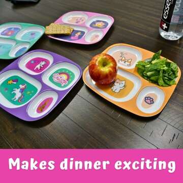 4E's Novelty 4 Melamine Dinner Plate for Kids Girls, Plastic Mealtime Divided Plates, Dinnerware Dis...